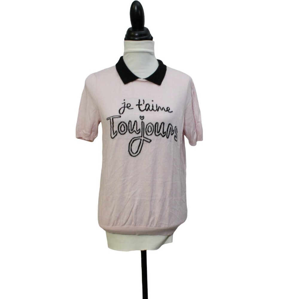 Pastel Pink Knit Tee with Black Peter Pan Collar “Je T’aime Toujours” Plus Size